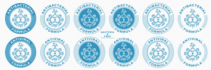 Concept for product packaging. The labeling is antibacterial and antiviral formula. Flask, molecule or microorganism icon with medical cross and ingredient line - symbol of anibacterial formula. Vecto