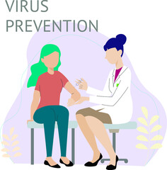Virus prevention vaccination from coronavirus, vector illustration for healthcare design. Female doctor giving an injection to a patient. Covid-19 protection. Flat cartoon illustration of health care 