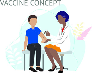 Black woman doctor giving an injection covid to a patient. Virus preventive vaccination. Illustration with vaccine coronavirus. Global pandemic vaccine.