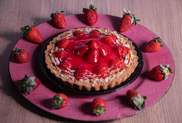 strawberry pie wooden background fruits, sweet bakery chocolate