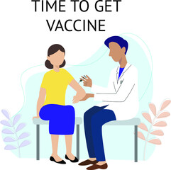 Doctor gives the vaccine inject to the patient, vector for healthcare design. Covid-19 protection. Flat cartoon illustration of inject vaccination