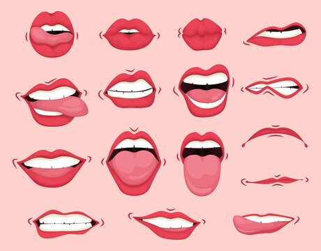 Mouth Expressions Vector, Cute Cartoon Facial Gestures Set With Pouting Lips  Smiling Sticking Out Tongue Illustration