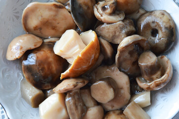 delicious forest pickled mushrooms in a plate. delicious food. background for the design.