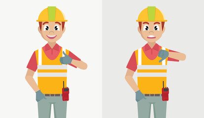 Cartoon character Poses, architect man showing thumb up and thumb down. Likes and dislikes feedback concept.