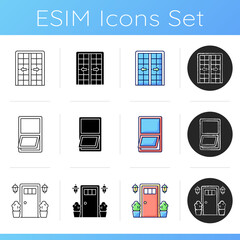 Replacement door opportunity icons set. Awning windows. Sliding glass door. Entrance. Air ventilation. Architecture, construction. Linear, black and RGB color styles. Isolated vector illustrations
