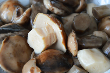 delicious forest pickled mushrooms in a plate. delicious food. background for the design.