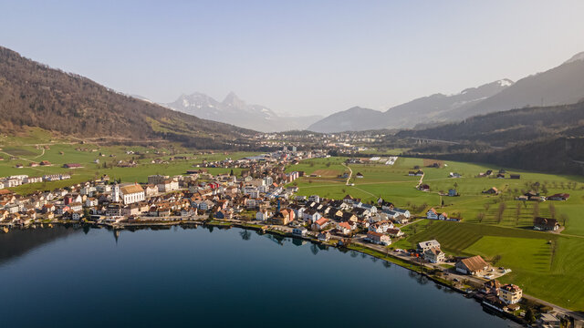 Drone pictures of the village of Arth on the lakeshores of lake Zug in the canton of Schwitz, Switzerland. 