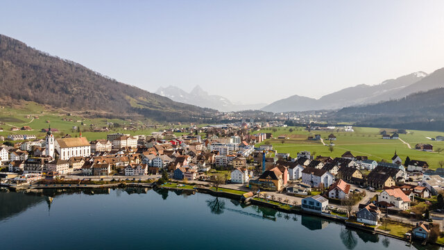 Drone pictures of the village of Arth on the lakeshores of lake Zug in the canton of Schwitz, Switzerland. 