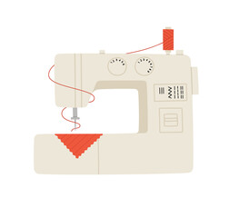 Vector illustration of a sewing machine, needle, thread, and fabric samples. Hand-drawn set in flat style, isolated on white background. Sewing hobby concept. 