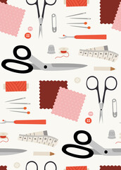 Seamless pattern of supplies and tools for sewing. Scissors, pins, threads, needles, measuring meter, fabric pencil, fabric samples, pin, spool, thimble, pin, ripper. Sewing hobby concept.