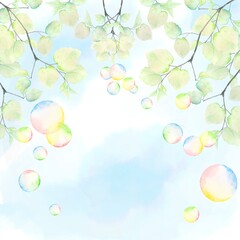 Fototapeta premium シャボン玉が飛ぶ緑の風景