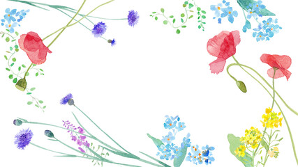 春の野原のお花のフレームデザイン。水彩イラストのトレースベクター。レイアウト変更可能。