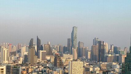 beautiful panoramic view of Bangkok central business district cityscape with air pollution from PM2.5