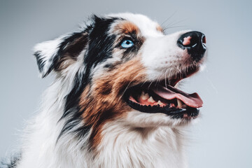 Rare australian dog with blue eye and with mutlicolored fur posing in white background with playful mood.