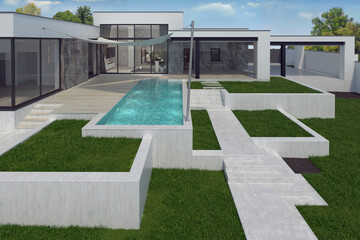Backyard land art with changes in elevation, 3D render - 416546686