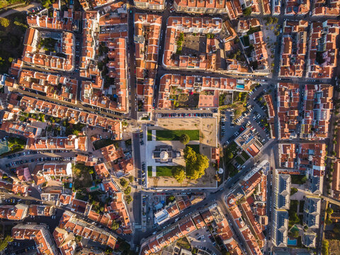Aerial top down view of traditional residential neighbourhood at sunrise in Lisbon, Portugal. © R.M. Nunes