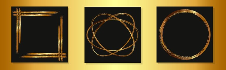 Set of golden abstract frames and borders for any design on a dark background. Vintage gold frames for photos and other purposes.