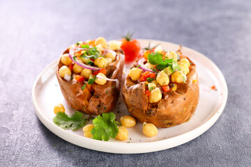 sweet potato with grilled chickpea, tomato and onion
