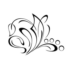 ornament 1577. abstract decorative element with a single leaf and curls in black lines on a white background