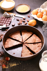chocolate cake with ingredient- top view