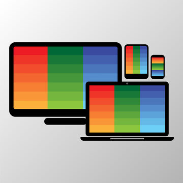 Responsive web page display on different screen sizes with rgb colors. Desktop monitor, laptop, tablet and mobile phone with colorful background