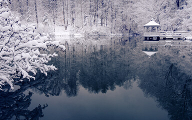 Pond in winter with reflections of snow flocked trees