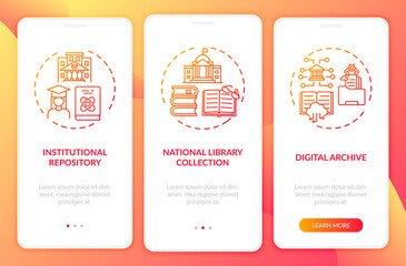 Types of digital libraries onboarding mobile app page screen with concepts. National archive books collection walkthrough 3 steps graphic instructions. UI vector template with RGB color illustrations