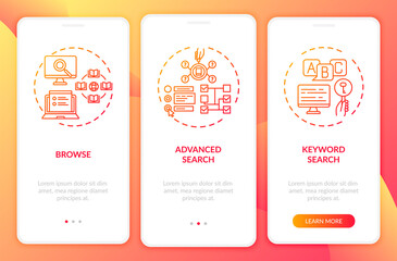 Online library search types onboarding mobile app page screen with concepts. Searching by subject walkthrough 3 steps graphic instructions. UI vector template with RGB color illustrations