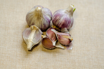 Close-up of garlic on burlap.