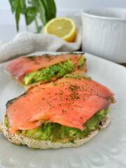 Salmon toast with avocado and dill. Perfect protein breakfast. Food photography