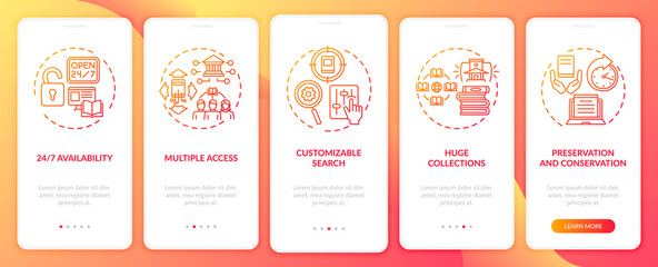 Online library benefits onboarding mobile app page screen with concepts. Customizable search walkthrough 5 steps graphic instructions. UI vector template with RGB color illustrations