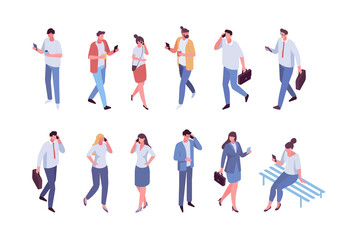 Fototapeta na wymiar Isometric people Phone talking. Communication. Vector male and female characters with smartphones isolated on white background