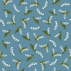Seamless pattern of spring flowers on a blue background. Lily of the valley pattern. Spring pattern. Vector graphics.