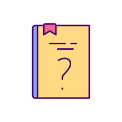 Book with a question mark on the title page. Mysterious knowledge. Not knowing what's inside. Bookstore. Online library helpline. Guide book. RGB color icon. Isolated vector illustration