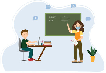 teacher and student at the class room, education at school, vector flat illustration