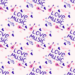 Love music seamless pattern with country guitar, music notes, treble clef, hearts, decorative elements.