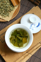 Lotus leaf tea in blue and white porcelain covered bowl