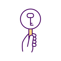 Hand with magnifying glass RGB color icon. View of the door key through a magnifying glass. Adventure. Detective story. Thorough search for information. Isolated vector illustration