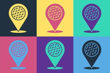 Pop art Map pointer with golf sport club icon isolated on color background. Vector.