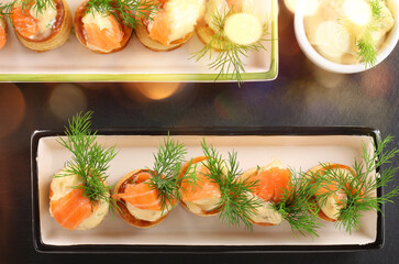 Apetizer with fresh Salmon on stone background