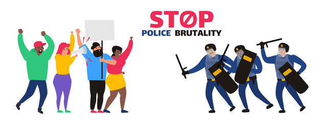 stop police brutality  policemen in uinform attack a protesters people vector illustration - obrazy, fototapety, plakaty