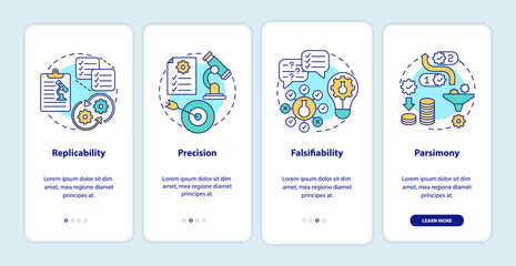 Scientific method requirements onboarding mobile app page screen with concepts. Theories and observations walkthrough 4 steps graphic instructions. UI vector template with RGB color illustrations
