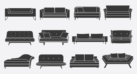 Furniture for the bedroom and living room. Vector icon in simple style. Simple linear style sofas for websites, logos. Modern interior design.