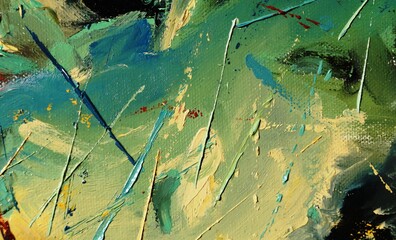Hand drawn oil painting on canvas. Abstract art background. Color texture. Fragment of artwork. Brushstrokes and spots of paint. Modern, contemporary art. Colorful canvas.