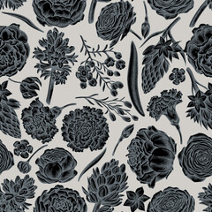 Seamless pattern with hand drawn stylized peony, carnation, ranunculus, wax flower, ornithogalum, hyacinth