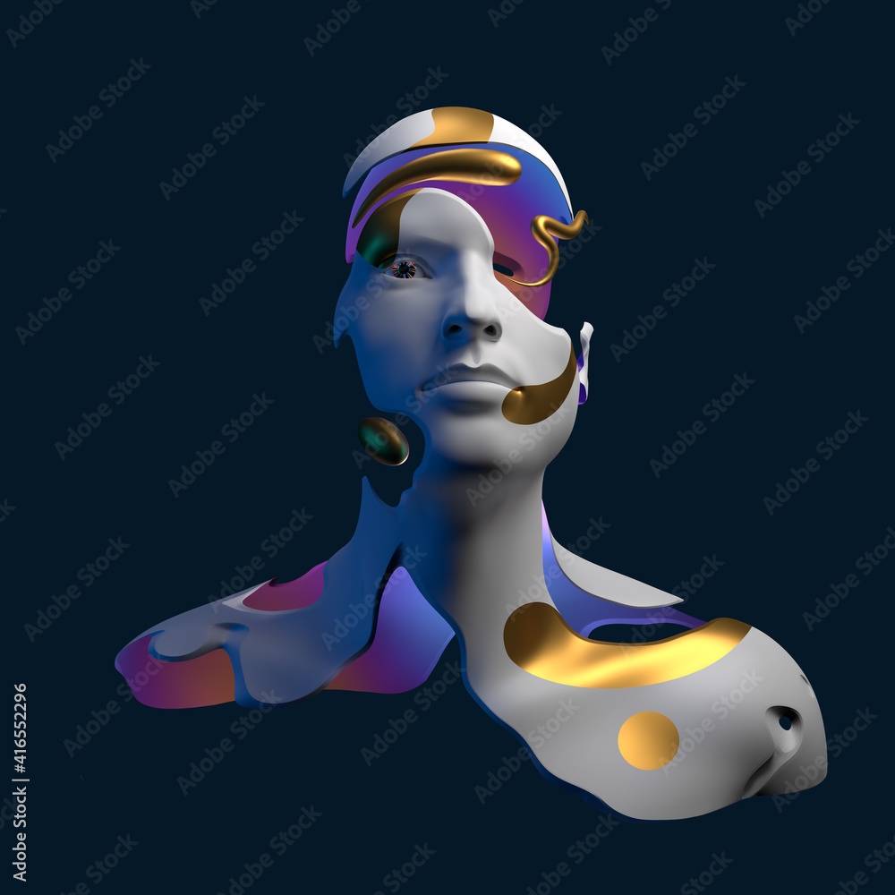 Poster futuristic cyborg head, concept of robotics. 3d render / rendering.