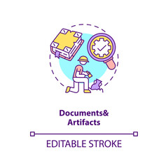 Documents and artifacts analysis concept icon. Documentary data data idea thin line illustration. Qualitative researching. Vector isolated outline RGB color drawing. Editable stroke