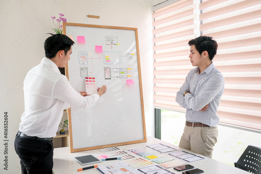 Poster asian man designers are looking for ideas to make a website ui ux mobile phone application at the of