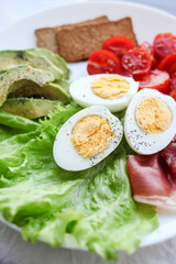 Boiled eggs, bacon, avocado, toast and tomatoes and lettuce salad.