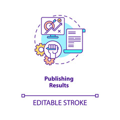 Publishing results concept icon. Disclosure of research results idea thin line illustration. Publication of experiment in magazines. Vector isolated outline RGB color drawing. Editable stroke
